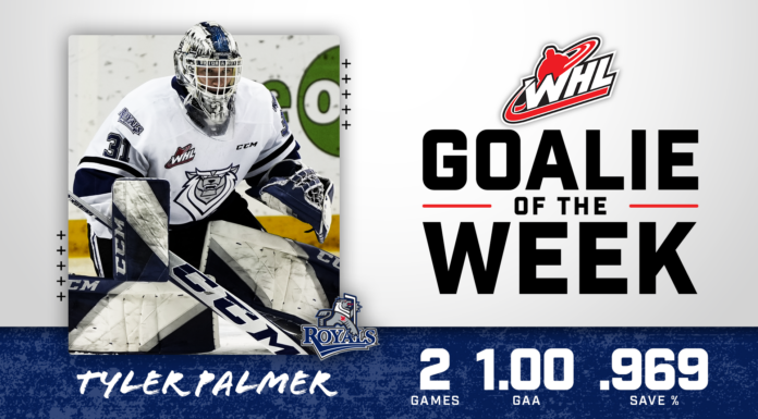 ROYALS NETMINDER PALMER NAMED WHL GOALTENDER OF THE WEEK